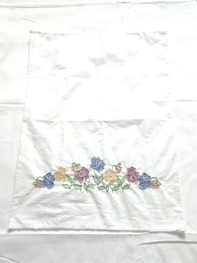 Embroidered Floral Pillowcase in White with Multicolor Flowers